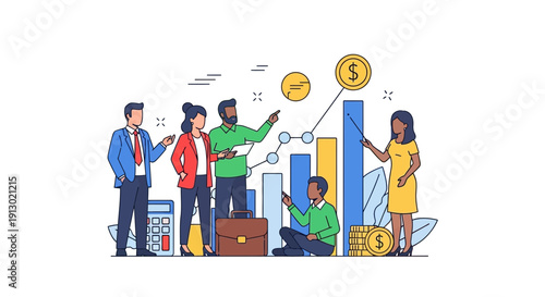 Business team analyzing growth chart with coins and bar graphs