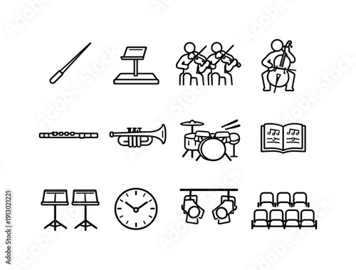   School orchestra. Line outline icon set of school orchestra: conductor baton, orchestra
