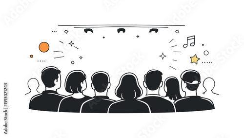 Live event audiences. Close-up view of audience silhouettes facing bright stage lights. Atmospheric editorial scene expressing anticipation