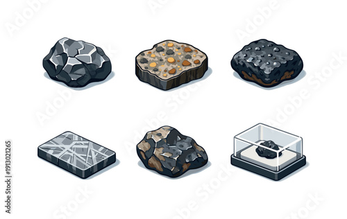 Meteorite Icons Grid. Meteorite Rock Sample. Isometric flat vector icons set of Meteorite Rock Sample: iron meteorite chunk, stony meteorite slice, fusion
