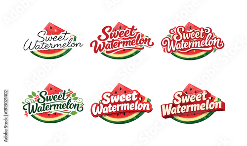 Watermelon Lettering Variations. Fresh watermelon slice. Set lettering. harmonious lettering variations of the same emblematic concept, each with different