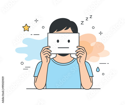    Emotional masking and fatigue. A person holding a neutral face card while abstract energy shapes fade softly behind, suggesting exhaustion