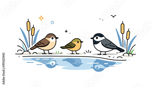 Birds by the lake. Small birds standing near calm water with gentle reflections and reeds around. Quiet nature moment, balance and stillness