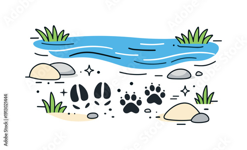 Animal tracks by the river. Hoof and paw marks near flowing water, lightly interrupted by stones and grass. The scene feels balanced,