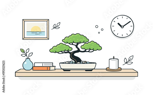 Minimalist Bonsai Elegance. Bonsai tree home decor. A carefully shaped bonsai sitting on a shelf with simple interior elements, quiet elegance and natural