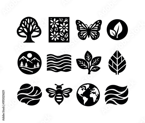 Nature Laser Cut Icons. Nature-Inspired Laser Cuts. Solid icon set of Nature-Inspired Laser Cuts: tree shape cut, layered floral panel, butterfly pattern