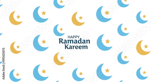 A festive Ramadan Kareem greeting card with a repeating pattern of blue crescent moons, yellow stars, and a joyful, celebratory mood on a white background.