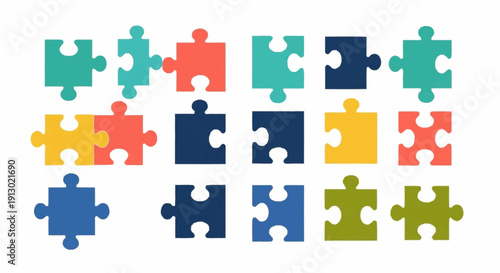 Colorful Jigsaw Puzzle Pieces Arranged Grid.