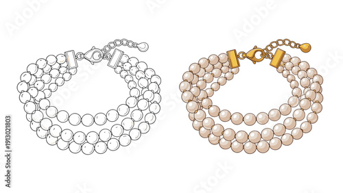 Elegant three-strand pearl bracelet with a gold clasp, beautifully illustrated in both a full-color version and a line art outline.