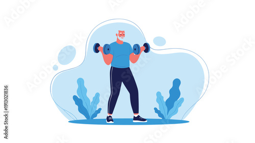 Active senior man with a white beard and hair exercising with dumbbells, promoting a healthy and strong lifestyle in retirement.