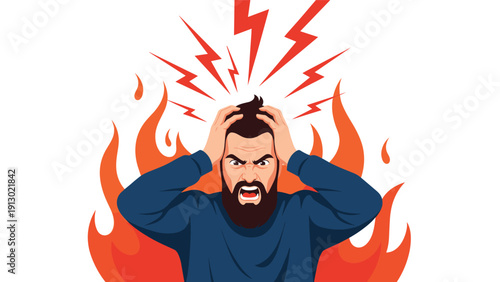 Furious bearded man clutching his head in anger and frustration, surrounded by flames and lightning bolts symbolizing immense stress.