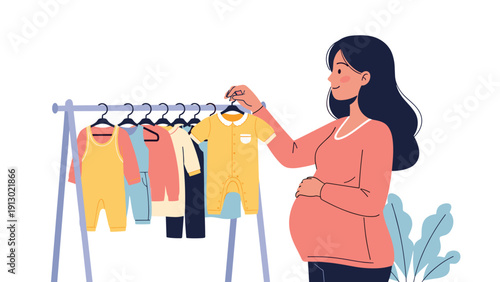 Happy pregnant woman shopping for her future baby, choosing a cute yellow romper from a rack of colorful baby clothes.