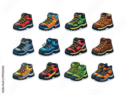 Hiking boots. Colorful isometric vector icons set of Hiking boots: mountain boot, trail boot, rugged sole boot, outdoor lace boot, ankle