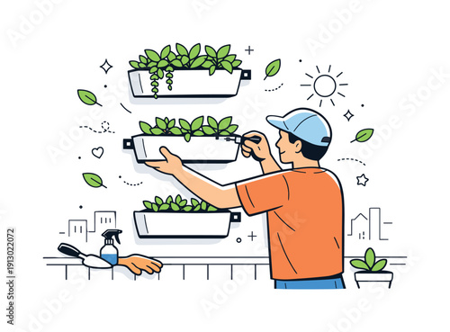 Urban Balcony Garden. Creating a vertical garden on a balcony. A person installs wall-mounted planters filled with green plants, showing calm hands-on work and