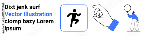 Hand reaching towards running icon, person holding a balloon, emphasizing motion, interaction, creativity. Ideal for activity tracking, playfulness, teamwork, user interface branding education