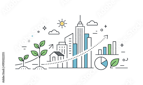 Sustainable economic development. A city skyline growing upward alongside plants and simple graphs, symbolizing balanced progress and