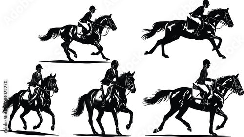 Equestrian horse rider silhouette set showing galloping jumping and riding positions in black vector illustration isolated on light background design