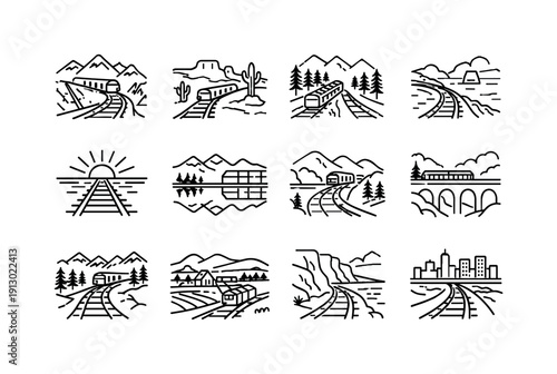    Scenic Train Landscapes. Line icon set of Scenic Train Landscapes: mountain pass railway, desert train route, train in forest valley, coastal