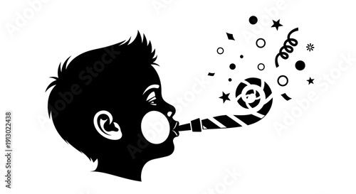 Boy Blowing Party Blower Confetti Celebration.