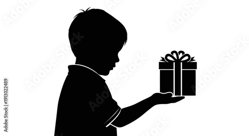 Boy Holding Gift Box Silhouette Profile.
