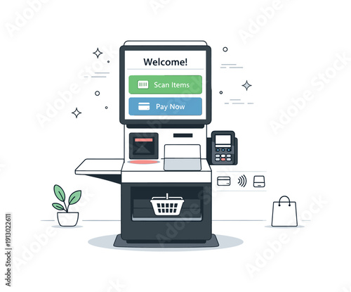 Automated checkout station. A standalone self-checkout machine with clear screen prompts and card payment icons, ready for use. Quiet,