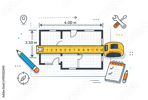 Construction Planning Essentials. Construction planning details. Measuring tape aligned with grid lines on a floor plan, steady and methodical mood. Editorial
