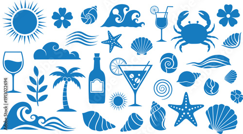 Blue beach collection with seashells starfish cocktails
