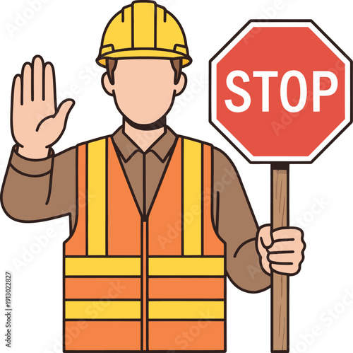 Construction worker holding stop sign safety traffic control yellow vest helmet outdoor site