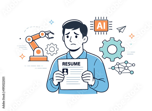 Fear of job automation. A person holding a resume while abstract AI symbols and gears appear softly in the background, suggesting uncertainty