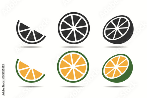 Lemon slice citrus fruit icon set.