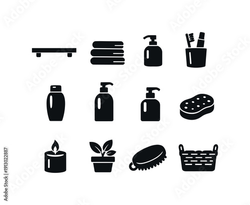 Bathroom Essentials Icons. Bathroom shelf. Solid icon set of bathroom shelf: wall shelf, towel stack, soap dispenser, toothbrush holder, shampoo bottle,