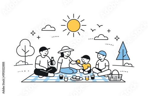 A family having a picnic in the park on a sunny day. Abstract park scene with trees, sun, blanket, and simple family figures arranged