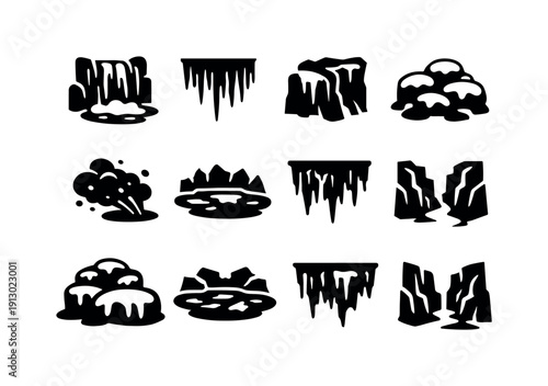   Frozen Waterfall and Ice Formations. Filled icon set of Frozen Waterfall and Ice Formations: