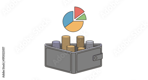 Money Box with Coins and Pie Chart.