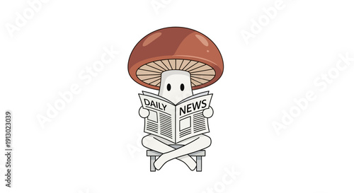 Mushroom reading newspaper cartoon character.
