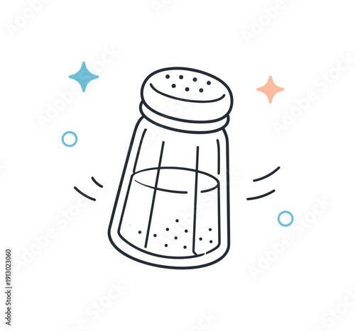 Minimal salt illustration. A single salt shaker drawn with clean lines, softly floating with small abstract shapes around. The illustration