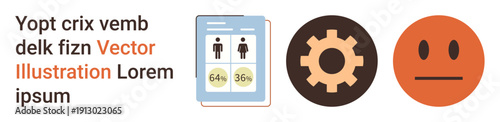 Data analytics, population demographics, technology, workflow optimization, human emotions, communication. A demographics chart, gear symbol and neutral face. Data analytics and population