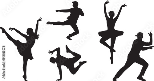 Four dancing human silhouettes in dynamic poses, isolated white background