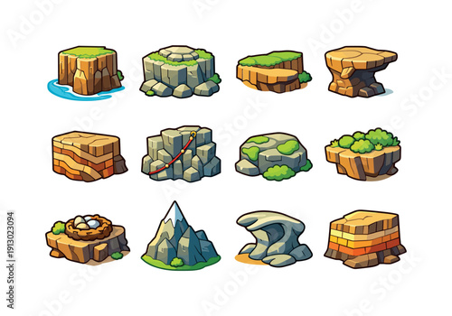Colorful Cliffside Icons. Cliffside Terrain. Colorful isometric vector icons set of Cliffside Terrain: steep drop, rocky plateau, narrow ledge, cliff overhang,