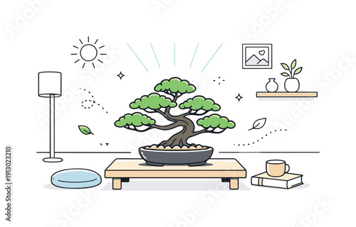 Minimalist Bonsai Serenity. Minimal interior with bonsai. A bonsai tree centered on a low table, open space around and gentle indoor light. Editorial scene