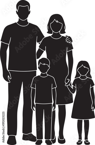 Four different family member silhouettes standing together, vector isolated on white