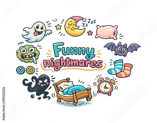 Whimsical Nightmare Doodles. Funny nightmares. Hand drawn illustration of Funny nightmares. silly ghost, goofy