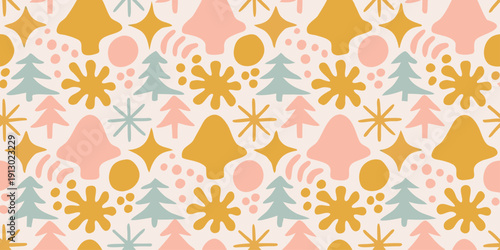 Boho holiday element pattern. Tropical palms, clouds, hearts, ceramic pots, groovy flowers, seamless beach bg. Scandinavian design. Organic shapes, retro vibes, and coastal summer pattern.