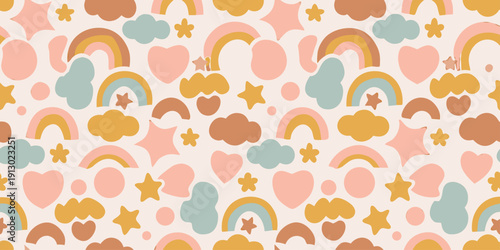 Boho nursery icons pattern. Tropical palms, clouds, hearts, ceramic pots, groovy flowers, seamless beach bg. Scandinavian design. Organic shapes, retro vibes, and coastal summer pattern.