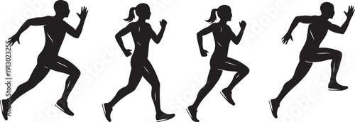 Four different running human silhouettes in motion, high contrast vector on white background