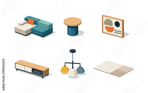 Modern living. Isometric flat vector icons set of modern living: modular sofa system, round side table, abstract wall art frame, minimalist