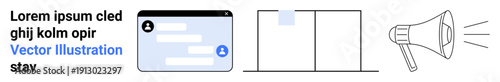 Digital marketing, interface design, business analytics, communication strategy, social media, professional networks. A chat interface, a chart and a megaphone. Communication strategy and digital