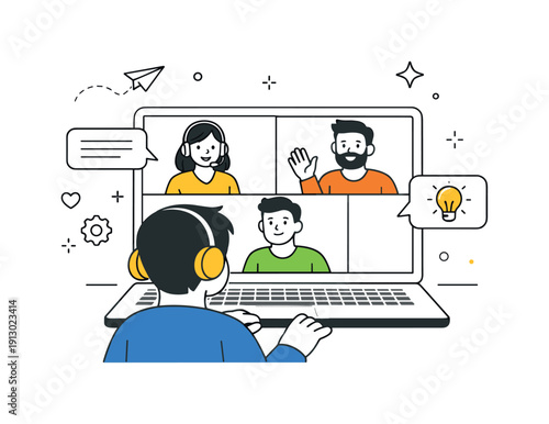 Remote collaboration and communication. Editorial illustration of a person on a video call or chat, laptop screen showing friendly avatars