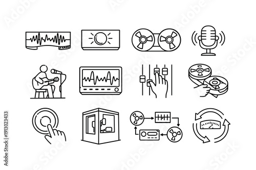 Analog Recording Icon Set. Analog sound recording. Line icon set of analog sound recording: sound wave on tape, recording in progress light, spinning tape