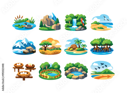    Rare bird habitats. Colorful flat vector icons set of rare bird habitats: wetland marsh, highland cliffs, tropical rainforest, coastal dunes,
